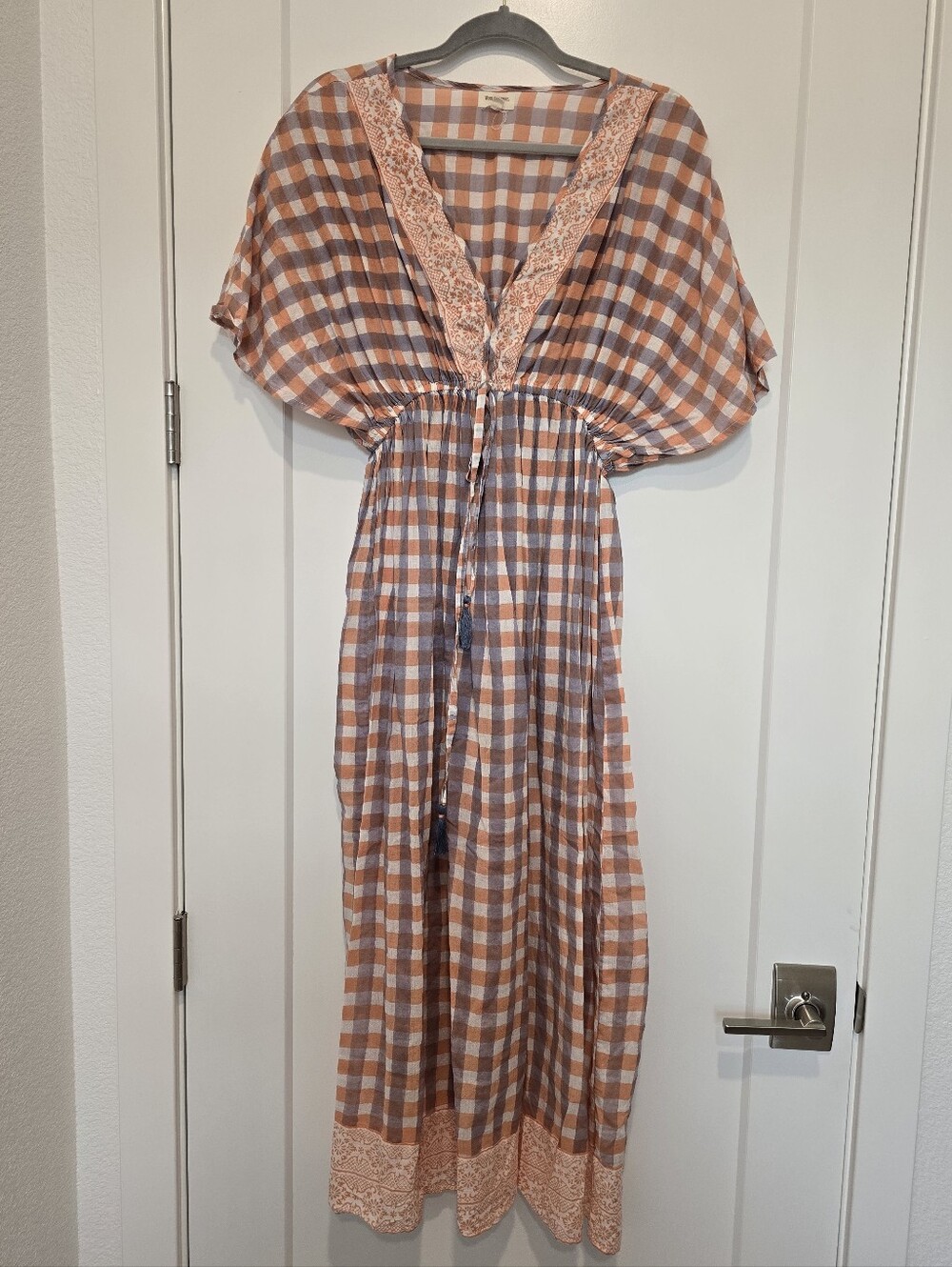World Market Mira Checkered Dolman Kaftan Dress With Tie At Waist 100% Cotton - Picture 7 of 10